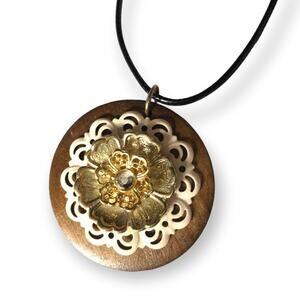 Cottage core wooden flower sweetheart granny necklace, waxed black cotton cord